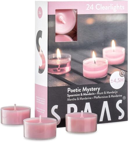 شموع أضواء الشاي المعطرة من SPAAS في أكواب شفافة - عطر الكمثرى والتين البري - شموع خفيفة معطرة ممتازة للسبا والديكور الرومانسي والعشاء وديكور المنزل - عبوة من 24 قطعة in Saudi Arabia