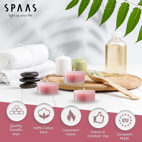 شموع أضواء الشاي المعطرة من SPAAS في أكواب شفافة - عطر الكمثرى والتين البري - شموع خفيفة معطرة ممتازة للسبا والديكور الرومانسي والعشاء وديكور المنزل - عبوة من 24 قطعة in Saudi Arabia