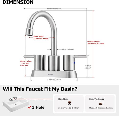 PARLOS 2-Handle Swivel Bathroom Sink Faucet Centerset Vanity Mixer Tap 3 Holes Lavatory Faucet Without Drain Assembly, Brushed Nickel in Saudi Arabia