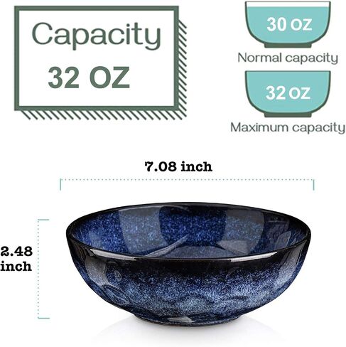 vicrays Ceramic Salad Bowls Set for Kitchen, Serving - 32 Ounce Soup Bowls, Pasta Bowls, Chip Resistant, Dishwasher Microwave Safe, Large, Fluted, stoneware, Set of 6 (Blue) in Saudi Arabia