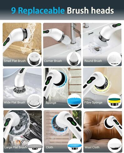 منظف ​​دوار كهربائي، فرشاة تنظيف لاسلكية جديدة 2024، منظف دش مع 9 رؤوس قابلة للاستبدال، سرعة مزدوجة بقوة 1.5 ساعة، مقبض تمديد قابل للتعديل للحمام والمطبخ وأرضيات حوض السيارة in Kuwait