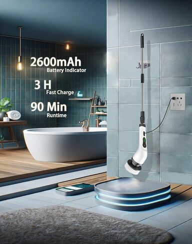 منظف ​​دوار كهربائي، فرشاة تنظيف لاسلكية جديدة 2024، منظف دش مع 9 رؤوس قابلة للاستبدال، سرعة مزدوجة بقوة 1.5 ساعة، مقبض تمديد قابل للتعديل للحمام والمطبخ وأرضيات حوض السيارة in Kuwait