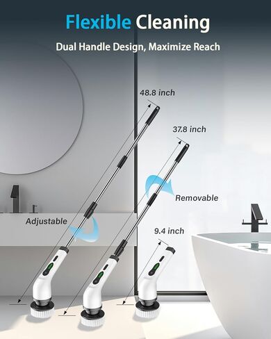 منظف ​​دوار كهربائي، فرشاة تنظيف لاسلكية جديدة 2024، منظف دش مع 9 رؤوس قابلة للاستبدال، سرعة مزدوجة بقوة 1.5 ساعة، مقبض تمديد قابل للتعديل للحمام والمطبخ وأرضيات حوض السيارة in Kuwait