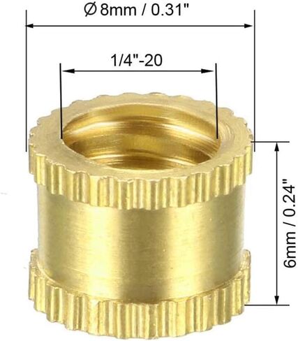 Yinpecly Knurled Threaded Insert, 1/4-20 x 6mm (H) x 8mm (OD) Female Thread Copper Embedment Nuts, Gold 25 Pcs in Saudi Arabia