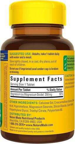 Magnesium Oxide 250 mg Tablets, 100 Count for Nutrition Support in Saudi Arabia
