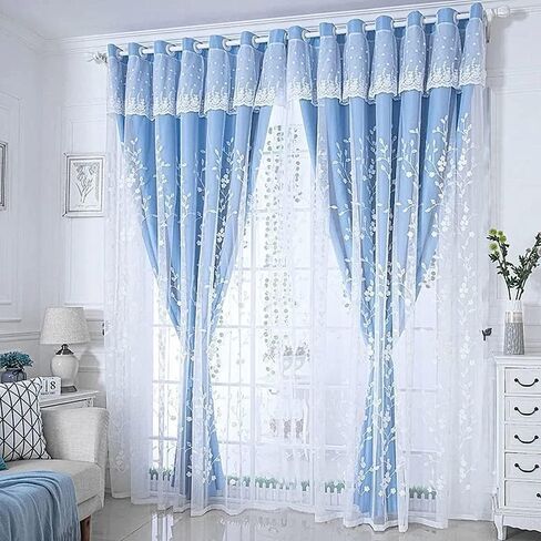 Amidoudou 1 Pair Double Layer Flower Curtains for Girls Room Living room Pastoral Flowers and leaf Embroidered Curtains for Bedroom (Beige,54x96 Inch) in Saudi Arabia
