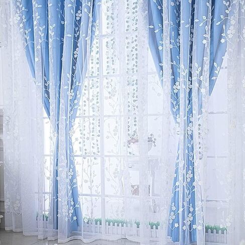 Amidoudou 1 Pair Double Layer Flower Curtains for Girls Room Living room Pastoral Flowers and leaf Embroidered Curtains for Bedroom (Beige,54x96 Inch) in Saudi Arabia