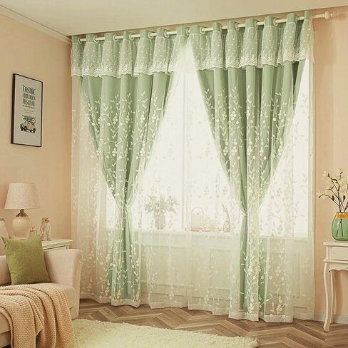 Amidoudou 1 Pair Double Layer Flower Curtains for Girls Room Living room Pastoral Flowers and leaf Embroidered Curtains for Bedroom (Beige,54x96 Inch) in Saudi Arabia