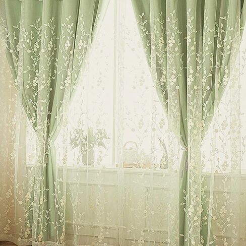 Amidoudou 1 Pair Double Layer Flower Curtains for Girls Room Living room Pastoral Flowers and leaf Embroidered Curtains for Bedroom (Beige,54x96 Inch) in Saudi Arabia