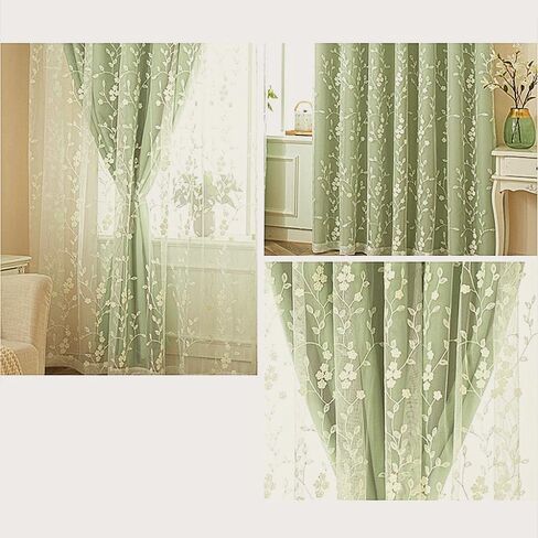 Amidoudou 1 Pair Double Layer Flower Curtains for Girls Room Living room Pastoral Flowers and leaf Embroidered Curtains for Bedroom (Beige,54x96 Inch) in Saudi Arabia