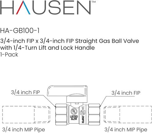 Hausen 3/4 بوصة FIP × 3/4 بوصة FIP صمام كروي غاز مستقيم مع مقبض رفع وقفل 1/4 دورة، حزمة واحدة in Kuwait