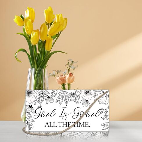 رسم لوحة خشبية للديكور على شكل زهور للتعليق على الحائط، الله جيد طوال الوقت، لافتة تعليق خشبية لباب الديكور (قطعة واحدة)، هدية فنية دينية لمنزل المزرعة وغرفة النوم وغرفة اللعب -25 in Kuwait