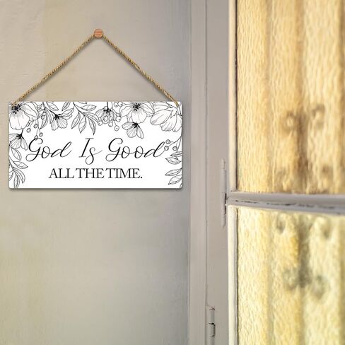 رسم لوحة خشبية للديكور على شكل زهور للتعليق على الحائط، الله جيد طوال الوقت، لافتة تعليق خشبية لباب الديكور (قطعة واحدة)، هدية فنية دينية لمنزل المزرعة وغرفة النوم وغرفة اللعب -25 in Kuwait
