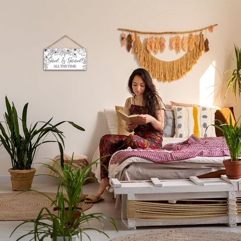 رسم لوحة خشبية للديكور على شكل زهور للتعليق على الحائط، الله جيد طوال الوقت، لافتة تعليق خشبية لباب الديكور (قطعة واحدة)، هدية فنية دينية لمنزل المزرعة وغرفة النوم وغرفة اللعب -25 in Kuwait