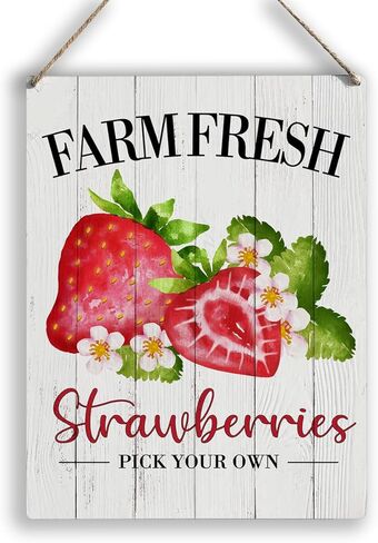 Farm Fresh Strawberries Wooden Rustic Signs Home Wall Decor, Country Strawberry Wood Sign Summer Plaque Hanging Sign Home Kitchen Decor 8 x 10 Inches in Saudi Arabia
