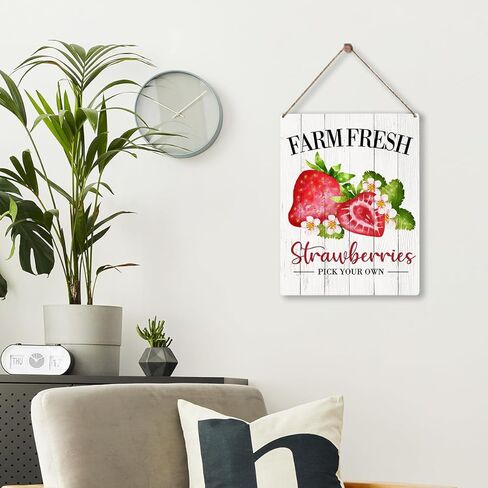 Farm Fresh Strawberries Wooden Rustic Signs Home Wall Decor, Country Strawberry Wood Sign Summer Plaque Hanging Sign Home Kitchen Decor 8 x 10 Inches in Saudi Arabia