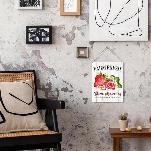 Farm Fresh Strawberries Wooden Rustic Signs Home Wall Decor, Country Strawberry Wood Sign Summer Plaque Hanging Sign Home Kitchen Decor 8 x 10 Inches in Saudi Arabia