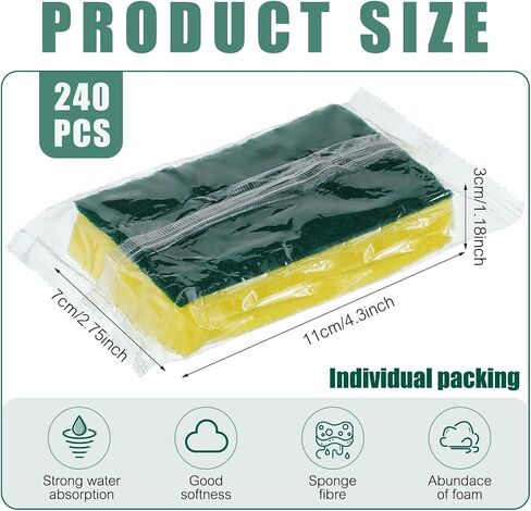 240 Pcs Individually Wrapped Sponge Dishwashing Sponge Bulk Non Scratch Scouring Pad Kitchen Scrub Sponges for Household Cleaning Rental Dishes Hotel Apartment Car (Yellow, Green) in Saudi Arabia