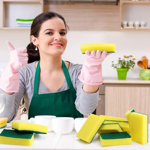 240 Pcs Individually Wrapped Sponge Dishwashing Sponge Bulk Non Scratch Scouring Pad Kitchen Scrub Sponges for Household Cleaning Rental Dishes Hotel Apartment Car (Yellow, Green) in Saudi Arabia