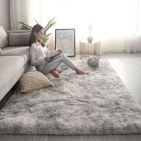 Area Rug, 8X10 feet, Light Grey, High Pile, Machine Made, Non-Slip, Polyester Fiber, Durable, Soft, Fuzzy Shaggy Rug for Bedroom, Livingroom in Saudi Arabia