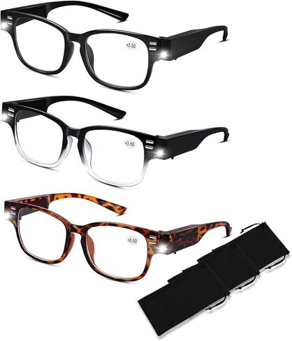 نظارات مكبرة مع نظارات قراءة خفيفة مع أضواء ومكبر قارئات LED ساطعة مع أضواء زرقاء تحجب الضوء الأزرق نظارات مكبرة للقارئ الليلي نظارات العين المضاءة للرجال والنساء + 300 in Kuwait
