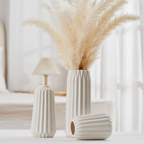 White Ceramic Vase, Set of 3 Vase for Modern Home Decor, Nordic Minimalism Décor,Vertical Stripe Ceramic Vases for Home Décor, Bedroom, Office, Living Room, Bathroom, Tabletop Decor in Saudi Arabia