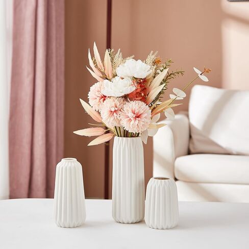 White Ceramic Vase, Set of 3 Vase for Modern Home Decor, Nordic Minimalism Décor,Vertical Stripe Ceramic Vases for Home Décor, Bedroom, Office, Living Room, Bathroom, Tabletop Decor in Saudi Arabia
