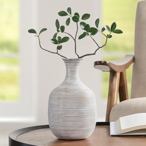 Torre & Tagus Colombo Ribbed Vase for Home Decor Round Modern Decor Vessel for Flowers - Farmhouse Rustic Room Decor for Living Room Shelf, Dining Table Sideboard, Entryway Console, 9" Tall, White in Saudi Arabia