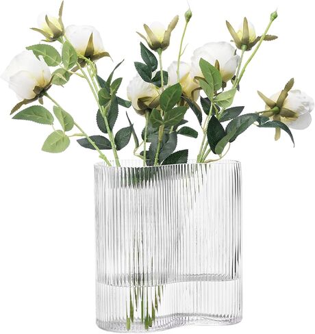 Navaris Glass Flower Vase - Clear Ribbed Tall Vase for Flowers and Pampas Grass - Large Modern Decorative Vases - ⌀ 11.5 x 25 cm / ⌀ 4.5 x 9.8 in - Grey in Saudi Arabia