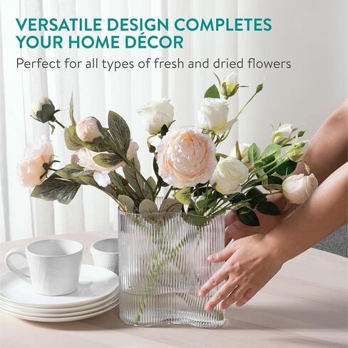 Navaris Glass Flower Vase - Clear Ribbed Tall Vase for Flowers and Pampas Grass - Large Modern Decorative Vases - ⌀ 11.5 x 25 cm / ⌀ 4.5 x 9.8 in - Grey in Saudi Arabia