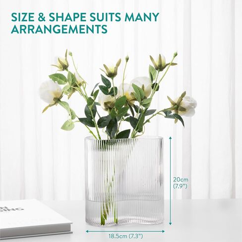 Navaris Glass Flower Vase - Clear Ribbed Tall Vase for Flowers and Pampas Grass - Large Modern Decorative Vases - ⌀ 11.5 x 25 cm / ⌀ 4.5 x 9.8 in - Grey in Saudi Arabia