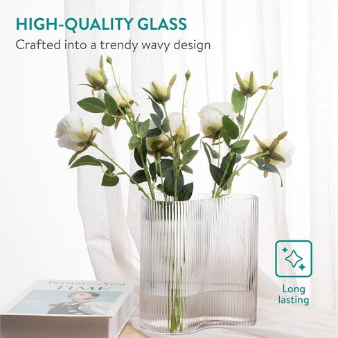 Navaris Glass Flower Vase - Clear Ribbed Tall Vase for Flowers and Pampas Grass - Large Modern Decorative Vases - ⌀ 11.5 x 25 cm / ⌀ 4.5 x 9.8 in - Grey in Saudi Arabia