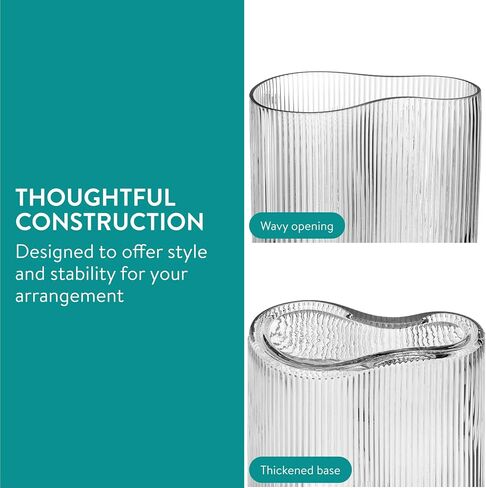 Navaris Glass Flower Vase - Clear Ribbed Tall Vase for Flowers and Pampas Grass - Large Modern Decorative Vases - ⌀ 11.5 x 25 cm / ⌀ 4.5 x 9.8 in - Grey in Saudi Arabia