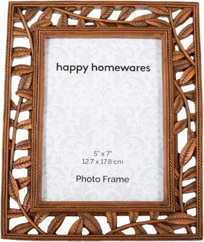 إطار صورة مقاس 5x7 من النحاس الريفي العتيق والكلاسيكي من Happy Homewares مع ديكور أوراق شجر وحبل مزدوج | عمودي أو أفقي in Kuwait
