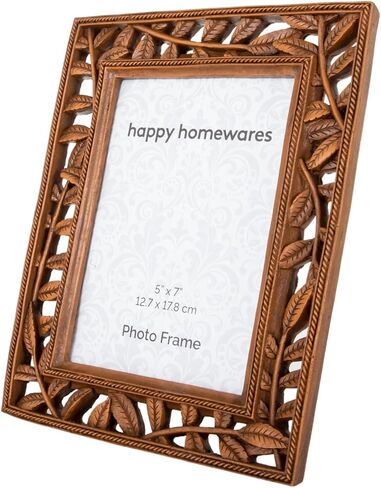 إطار صورة مقاس 5x7 من النحاس الريفي العتيق والكلاسيكي من Happy Homewares مع ديكور أوراق شجر وحبل مزدوج | عمودي أو أفقي in Kuwait