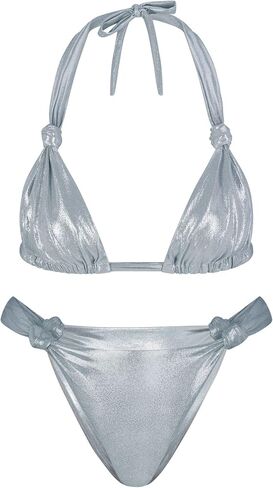 EVELUST Glitter Metallic Bikini Sets for Women - Sexy Swimsuit Knotted Micro Triangle Top Cheeky Thong Sparkly Bathing Suit in Saudi Arabia