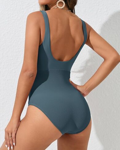 One Piece Bathing Suit for Women High Waist Ribbed Swimsuits V Neck Backless Swimwear in Saudi Arabia