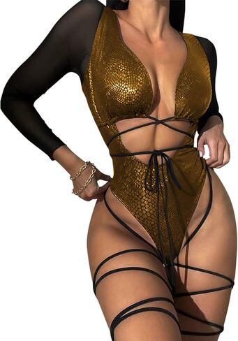 Women Sexy Metallic One Piece Swimsuit Mesh Long Sleeves Hollow Out Swimwear Lace Up Bathing Suit Bikini in Saudi Arabia