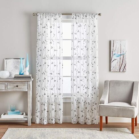 مجموعة ستائر النوافذ الشفافة المطرزة بالنباتات من Curtainworks، جيب قضيب، زوج لوحة مقاس 84 بوصة، حكيم، أخضر in Kuwait