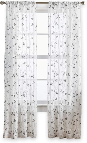 مجموعة ستائر النوافذ الشفافة المطرزة بالنباتات من Curtainworks، جيب قضيب، زوج لوحة مقاس 84 بوصة، حكيم، أخضر in Kuwait