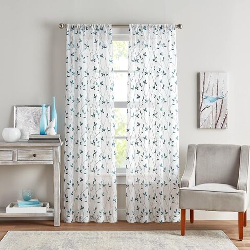 مجموعة ستائر النوافذ الشفافة المطرزة بالنباتات من Curtainworks، جيب قضيب، زوج لوحة مقاس 84 بوصة، حكيم، أخضر in Kuwait