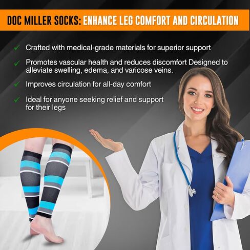 Doc Miller Compression Calf Sleeve for Men & Women, Medical Grade, 20-30mmHg Graduated Support for Running, Calf Tear, Shin Splints, Knee High, Calf Sleeves, Stripes Design, Small, 1 Pair in Saudi Arabia