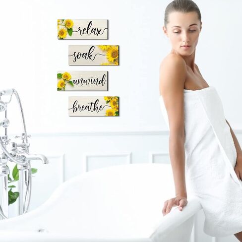 علامة الحمام عباد الشمس جدار الفن ديكور الحمام علامة ريفي خشبي مزرعة ديكور المنزل، 4.7x13.7 بوصة in Kuwait