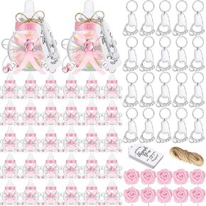 154 قطعة من هدايا استحمام الطفل للفتيات، 48 قطعة من زجاجات الأطفال الوردية الصغيرة، 48 فتاحة زجاجات على شكل سلسلة مفاتيح ببصمة القدم، 48 قطعة من علامات الشكر، 10 قطع من الزهور الاصطناعية للفتيات، ديكور حفلات استحمام الطفل الوردي in Kuwait