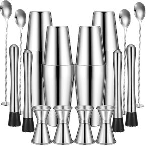 16 Pieces Cocktail Shaker Set Including 4 Pcs Boston Shaker 4 Pcs Muddler 4 Pcs Double Measuring Jigger 4 Pcs Mixing Spoon Stainless Steel Bartender Kit Bar Accessories for Home Bar Wine Lovers Gift