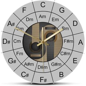 Guitar Chords Yin and Yang Music Silent Non Ticking Wall Clock Battery Operated Qaurtz Acoustic Bass Guitar Circle of Fifths Chart Hanging Watch 12inch Bassist Bass Player Gift