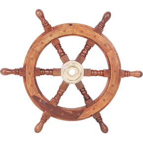 Benzara ShipWheel 18" Teak Wood Ship Wheel with Brass Inset and Six Spokes, Brown and Gold