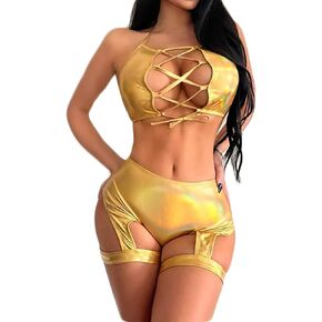 Women's 2 Piece Swimsuit Metallic Rave Outfits Halter Sexy Tops Shorts Garter Lingerie Set Beach Shiny Bikini Set