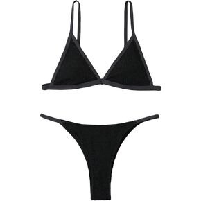 SweatyRocks Women's 2 Piece Textured Swimsuit Wireless Triangle Thong Bikini Set