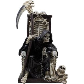 Decorative Spooky Grim Reaper Sitting on Bone Throne of Skeletons and Skulls Statue for Scary Halloween Decorations or Horror Movie Decor As Gothic Gifts